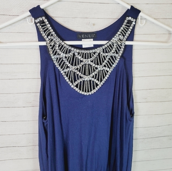 VENUS NAVY BLUE HALTER DRESS W BEADED/SEQUIN NECKLINE, SZ XS - Picture 7 of 13
